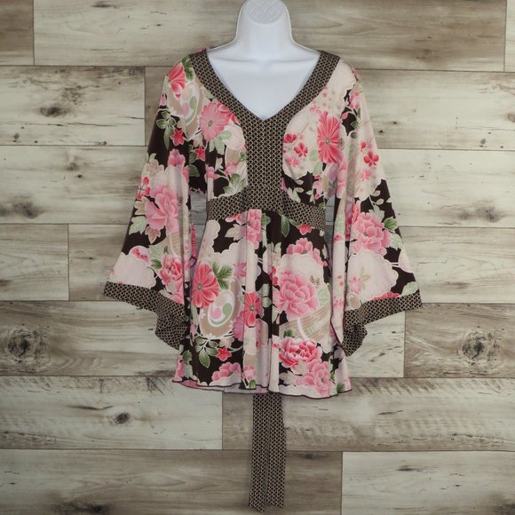 ING* Women's Oversized Split Sleeves V-Neck Tie Back Curved Hem Floral Blouse~3X - Picture 1 of 13